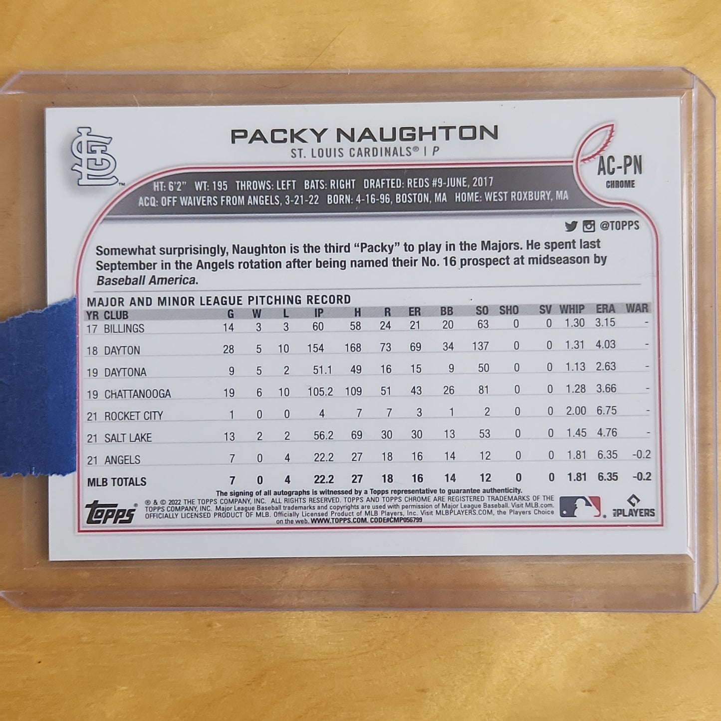 2022 Topps Chrome refractor Packy Naughton AUTO RC #AC-PN