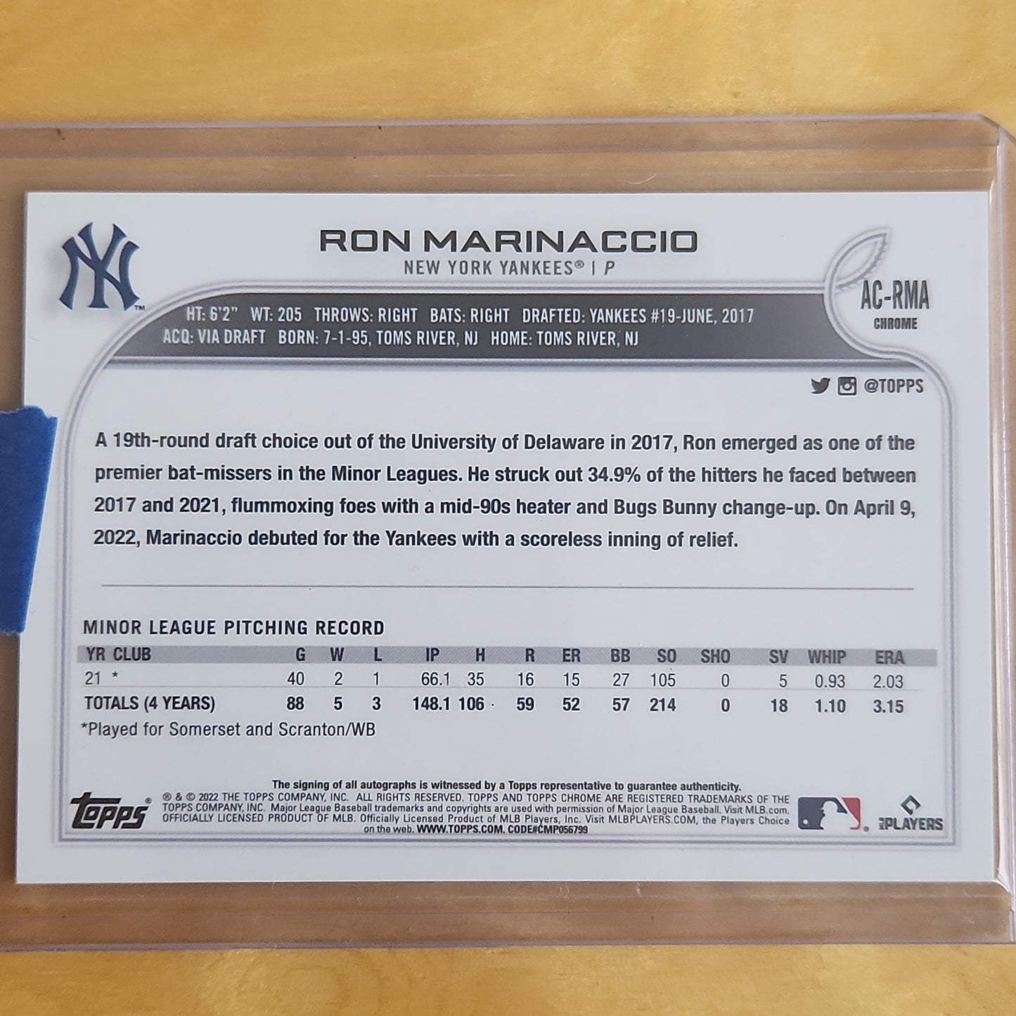 2022 Topps Chrome Ron Marinaccio RC AUTO refractor #AC-RMA