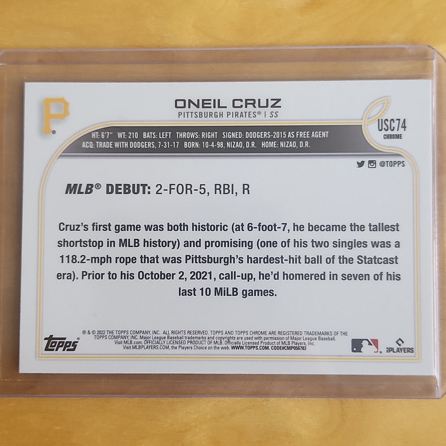 2022 Topps Chrome O'Neil Cruz RC Purple Refractor #USC74 Pittsburgh Pirates