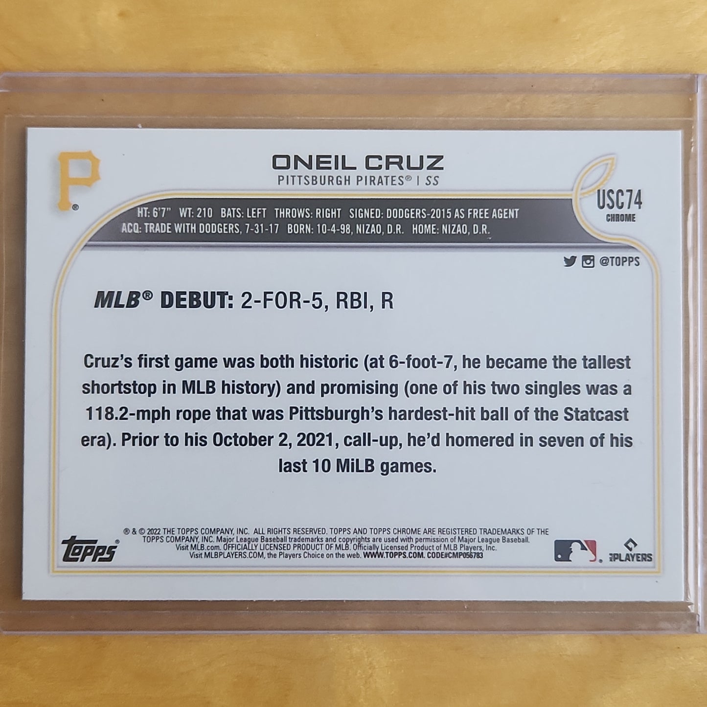 2022 Topps Chrome O'Neil Cruz RC Refractor #USC74 Pittsburgh Pirates