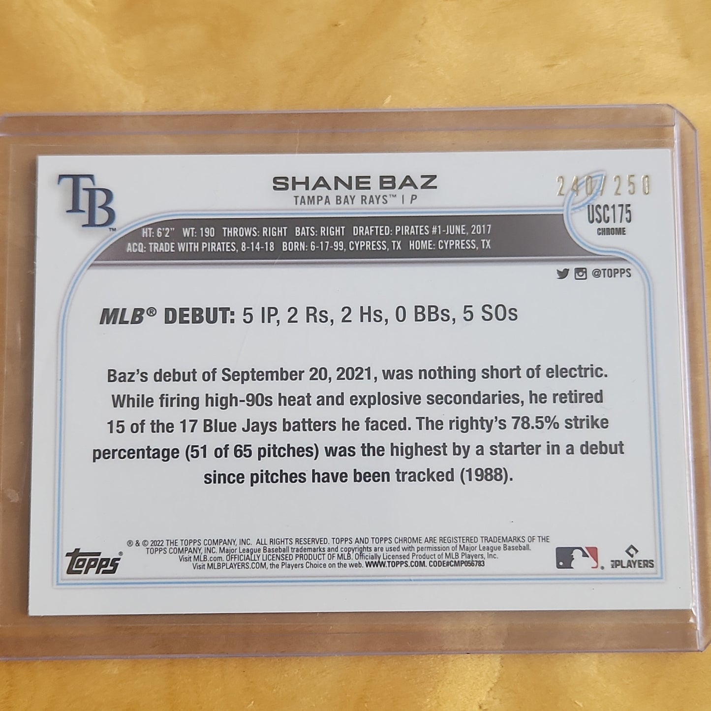 2022 Topps Chrome Shane Baz RC Aqua Refractor 240/250  #USC175 Tampa Bay Rays