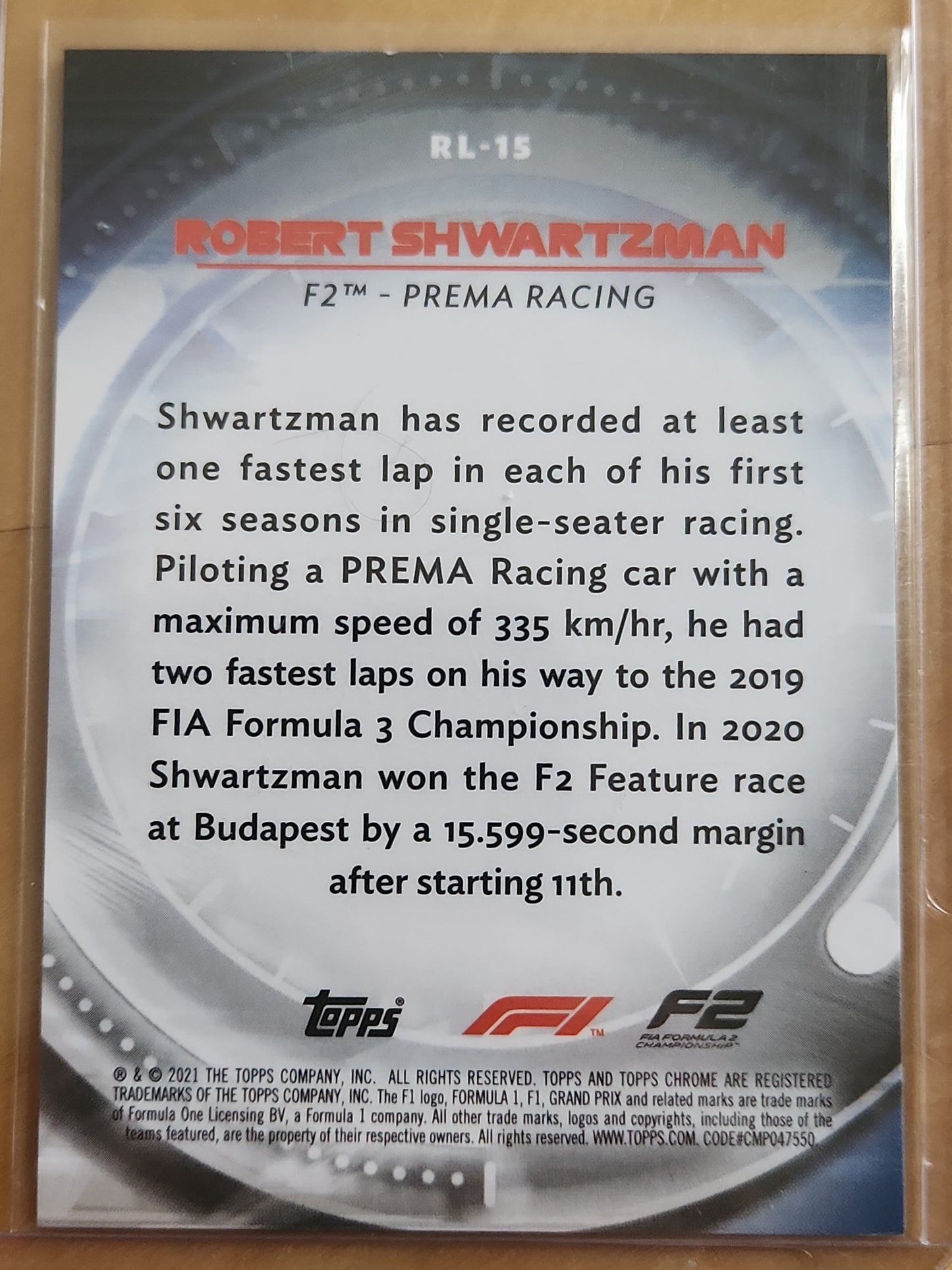 2021 Topps Chrome F1 Robert Shwartzman Formula 2 Red Liners Insert #RL-15 Prema Racing