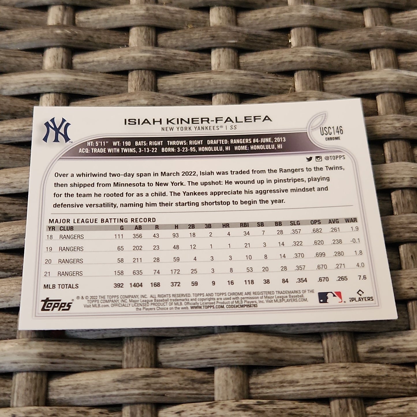 Topps Chrome Purple Isiah Kiner-Falefa #USC146