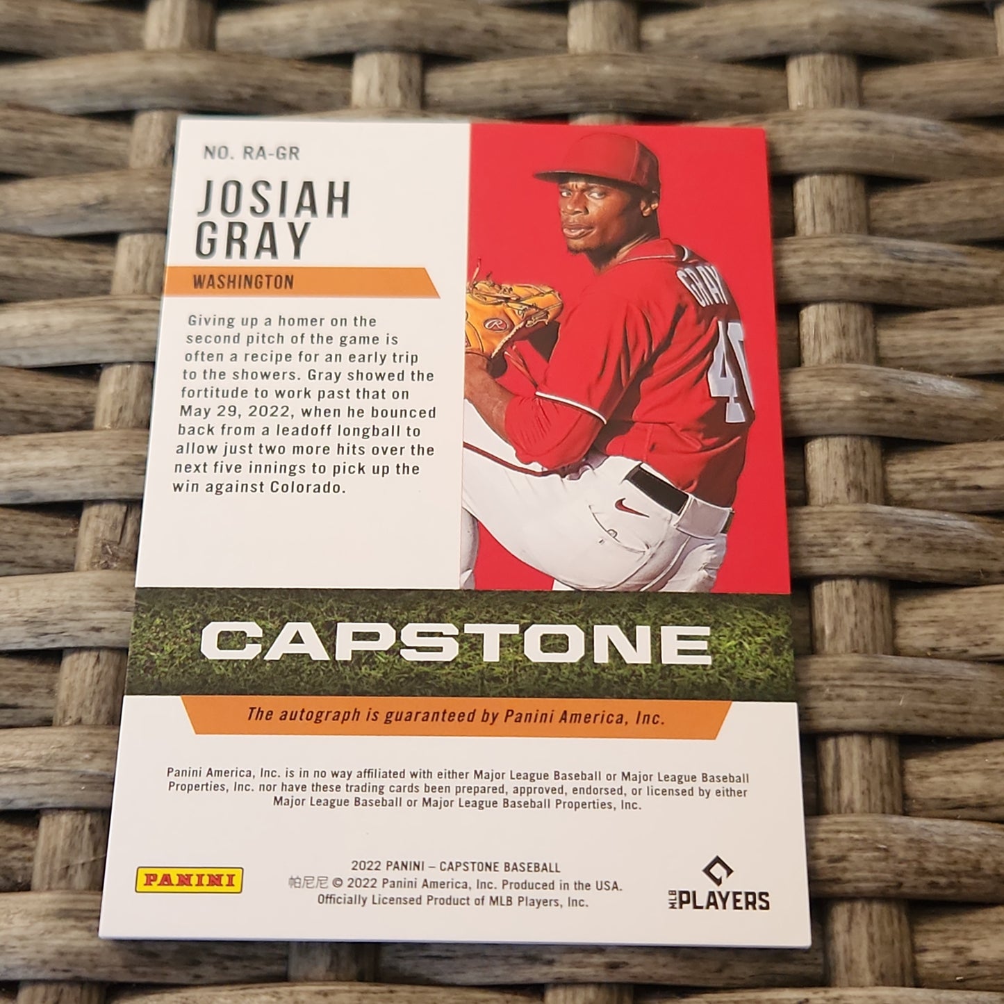 Panini Capstone Josiah Gray RC Auto 29/99 #RA-GR