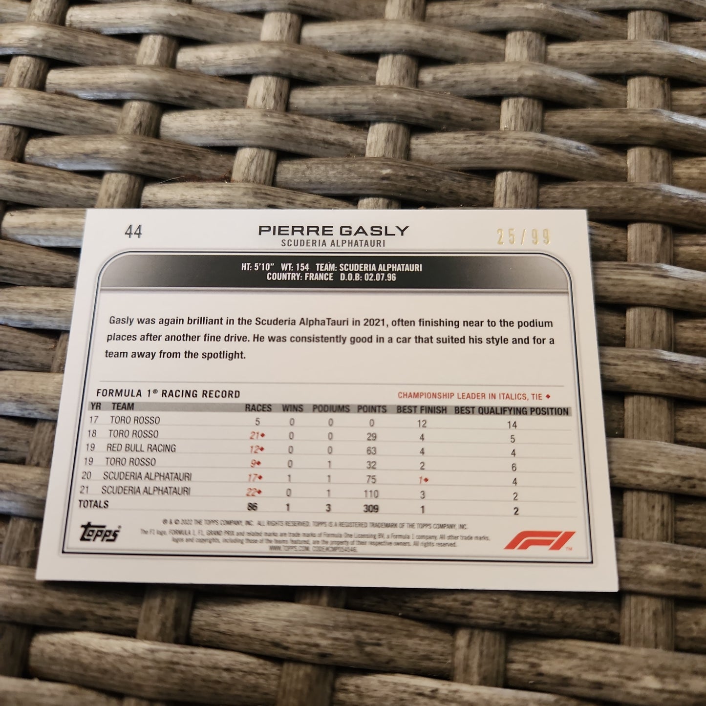 Topps Blur Pierre Gasly 25/99 #44