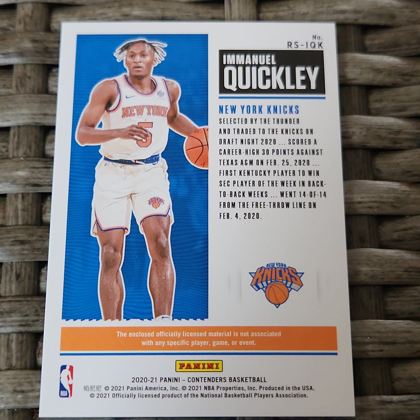 Panini Contenders Rookie Ticket Immanuel Quickley Relic #RS-IQK