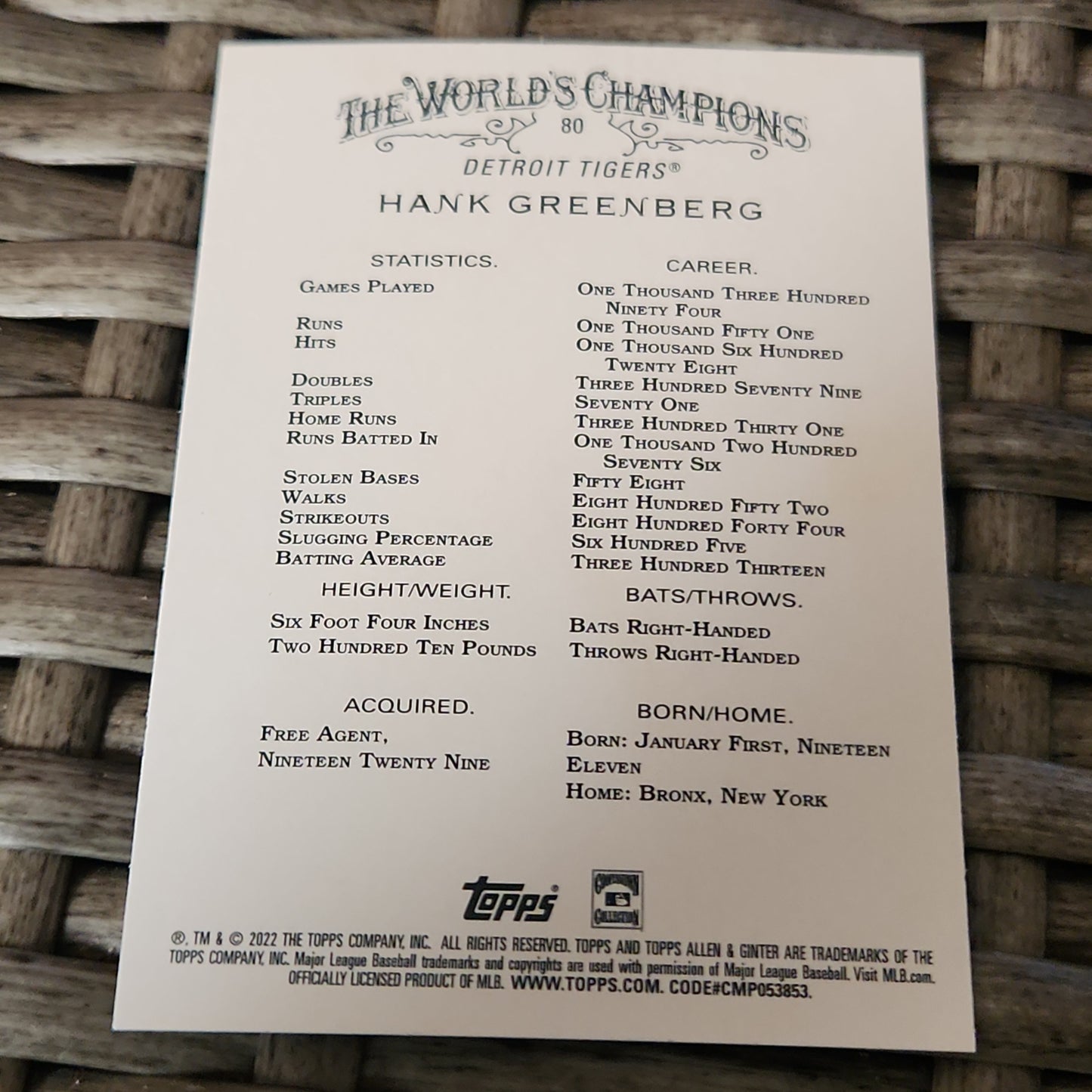 Topps Allen & Ginter Hank Greenberg #80