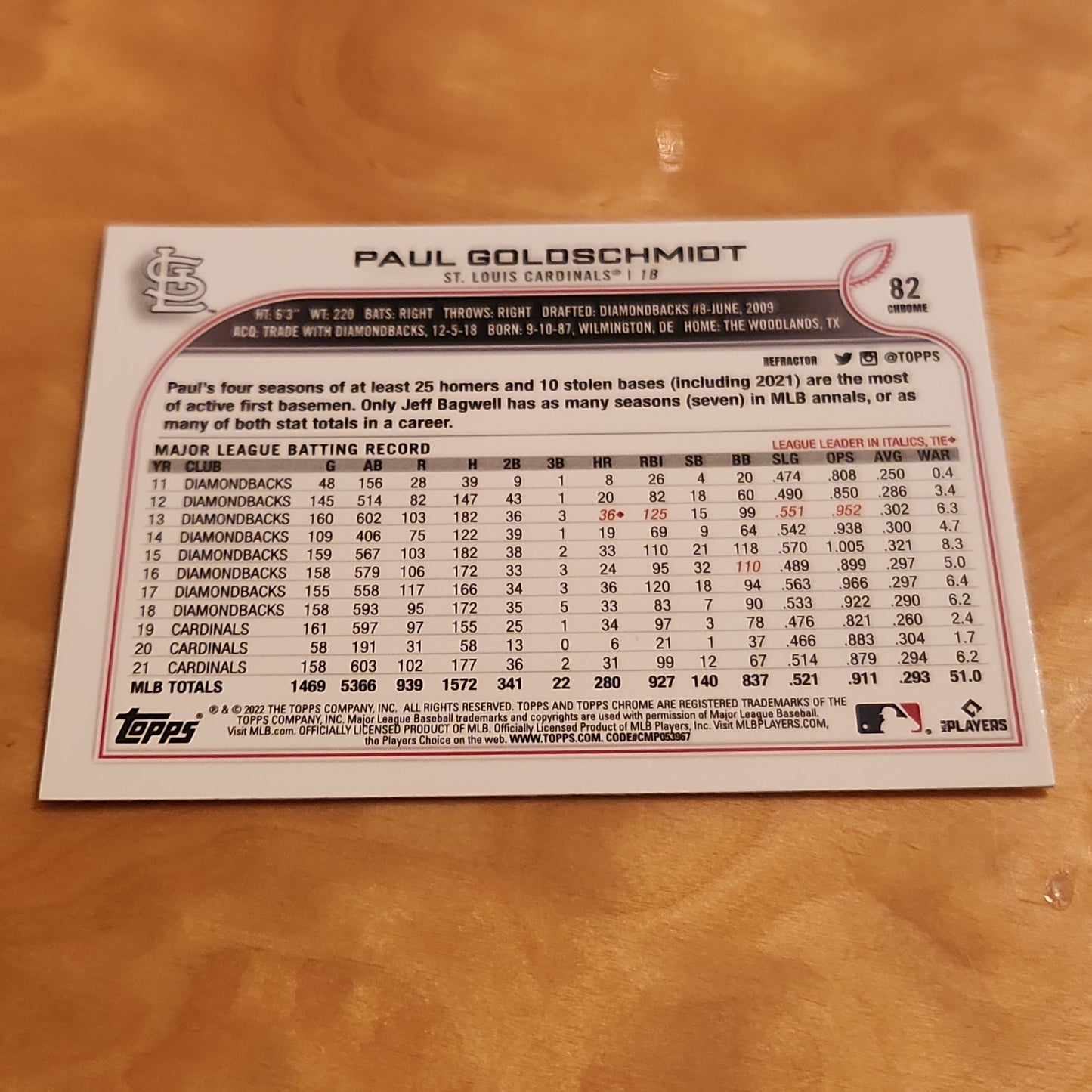 Topps Chrome Holo Paul Goldschmidt #82