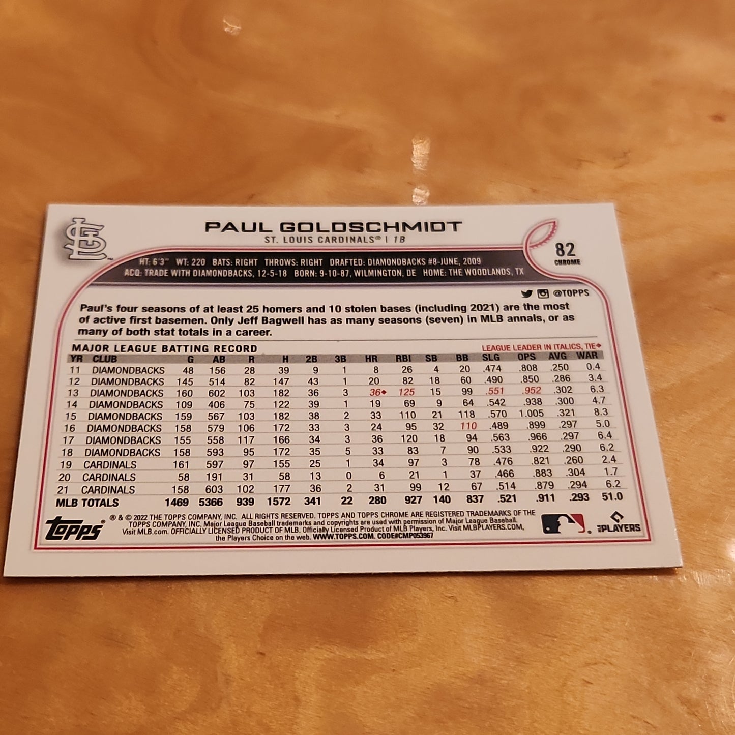 Topps Chrome Holo Prizm Refractor Paul Goldschmidt #82