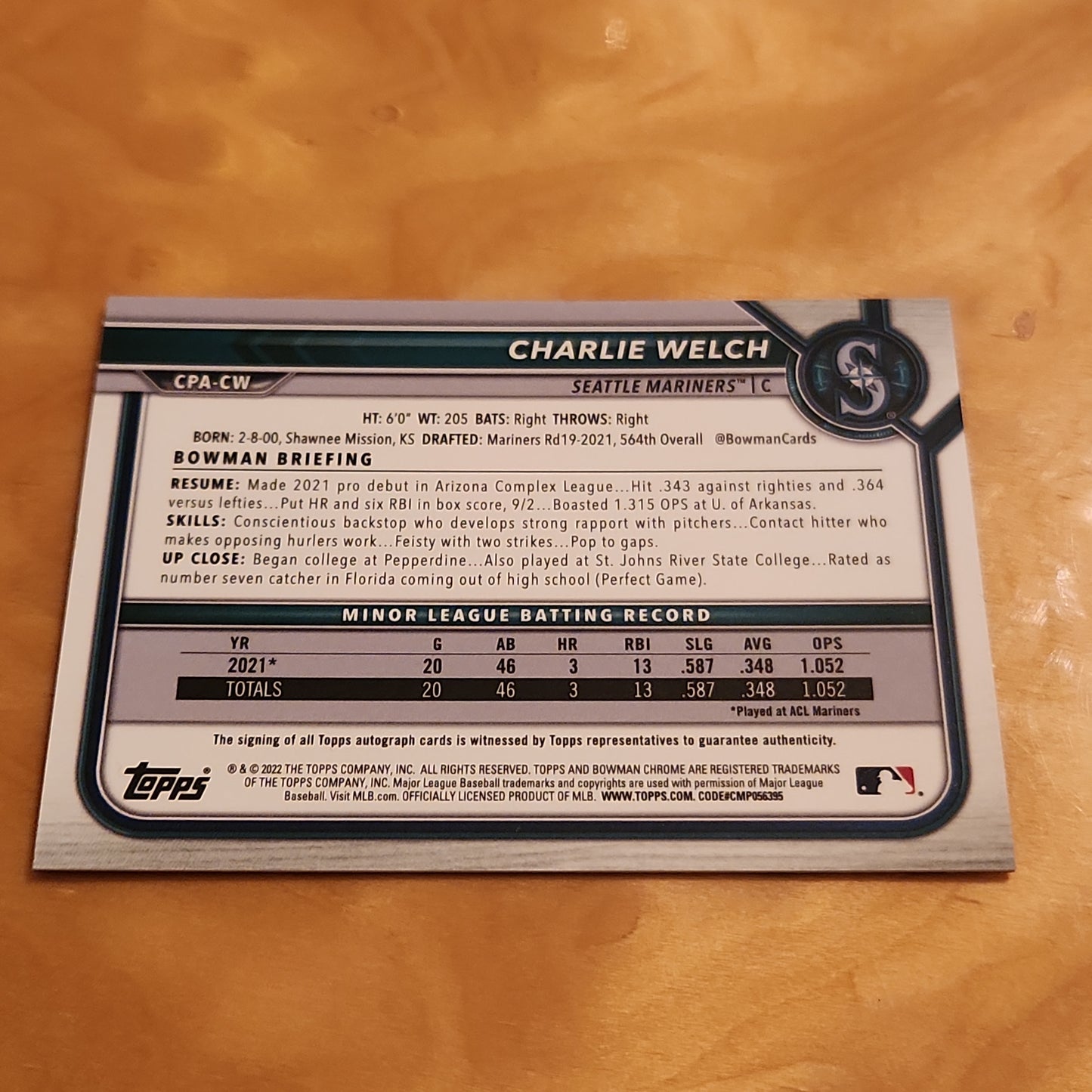 Topps B Chrome Speckle Charlie Welch Auto 119/299 #CPA-CW