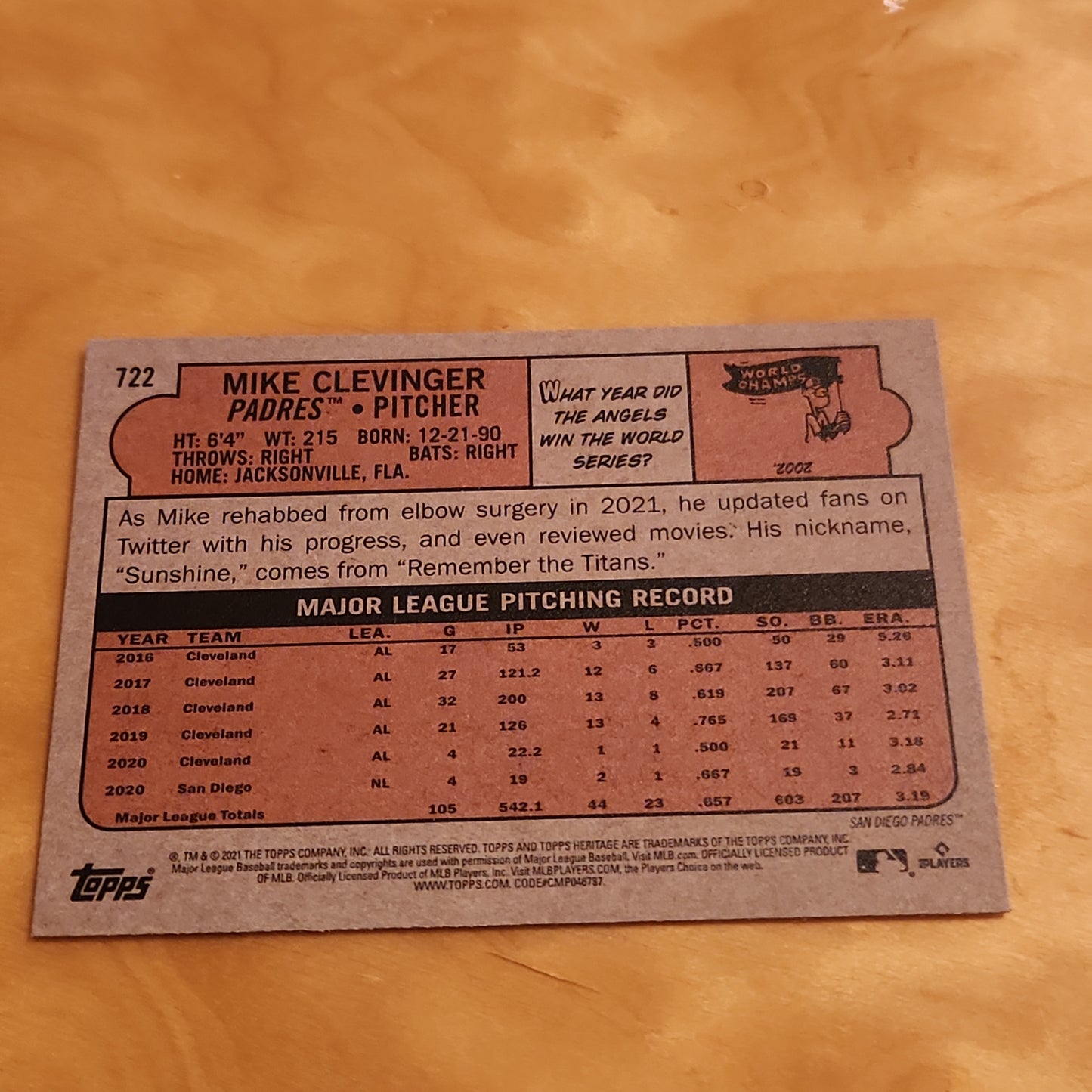 Topps Heritage Mike Clevinger #722