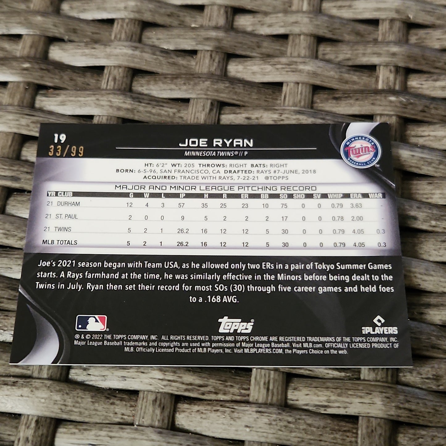 Topps Chrome Black Green Joe Ryan RC 33/99 #19