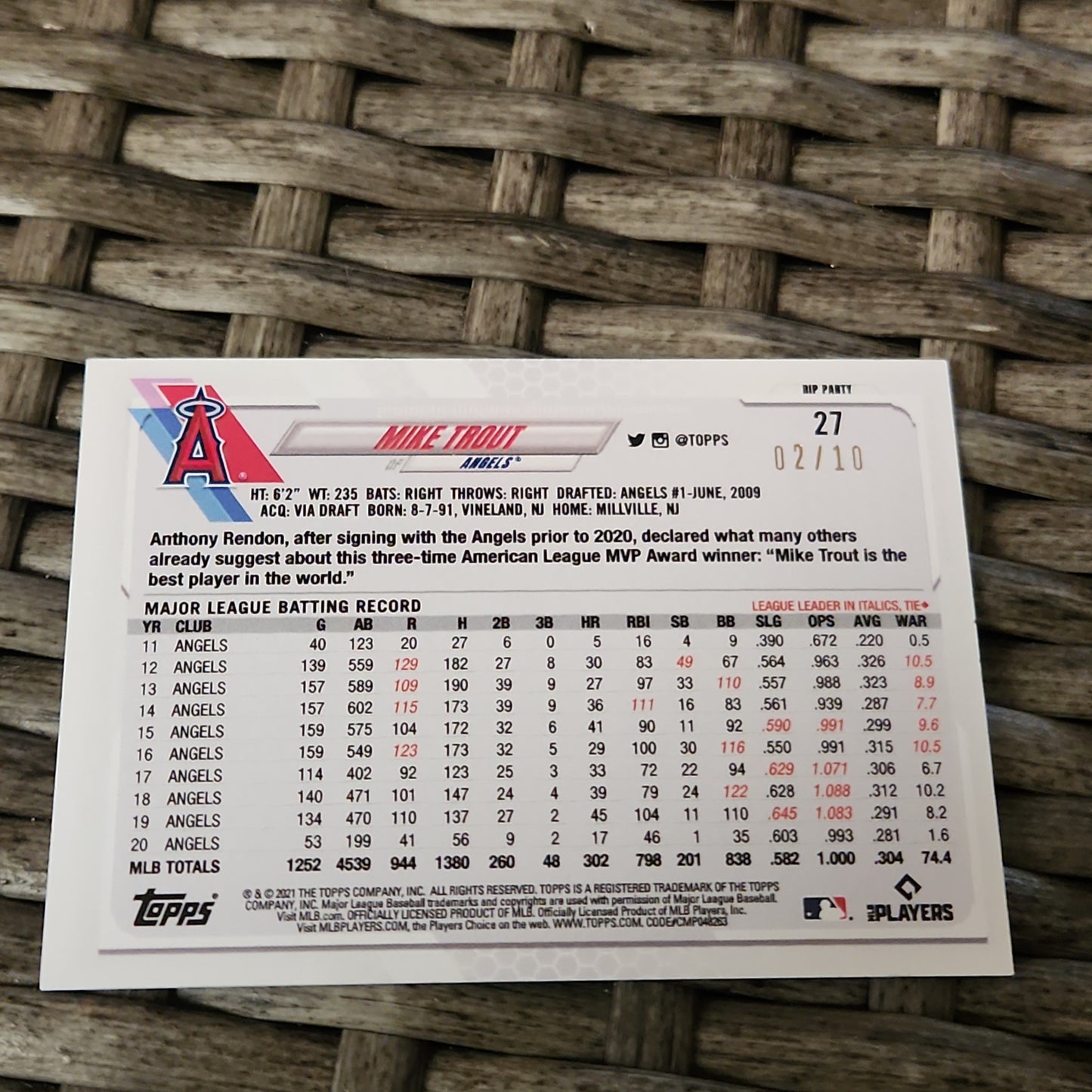 Topps Rip Party 70th Anniversary Mike Trout 2/10 #27