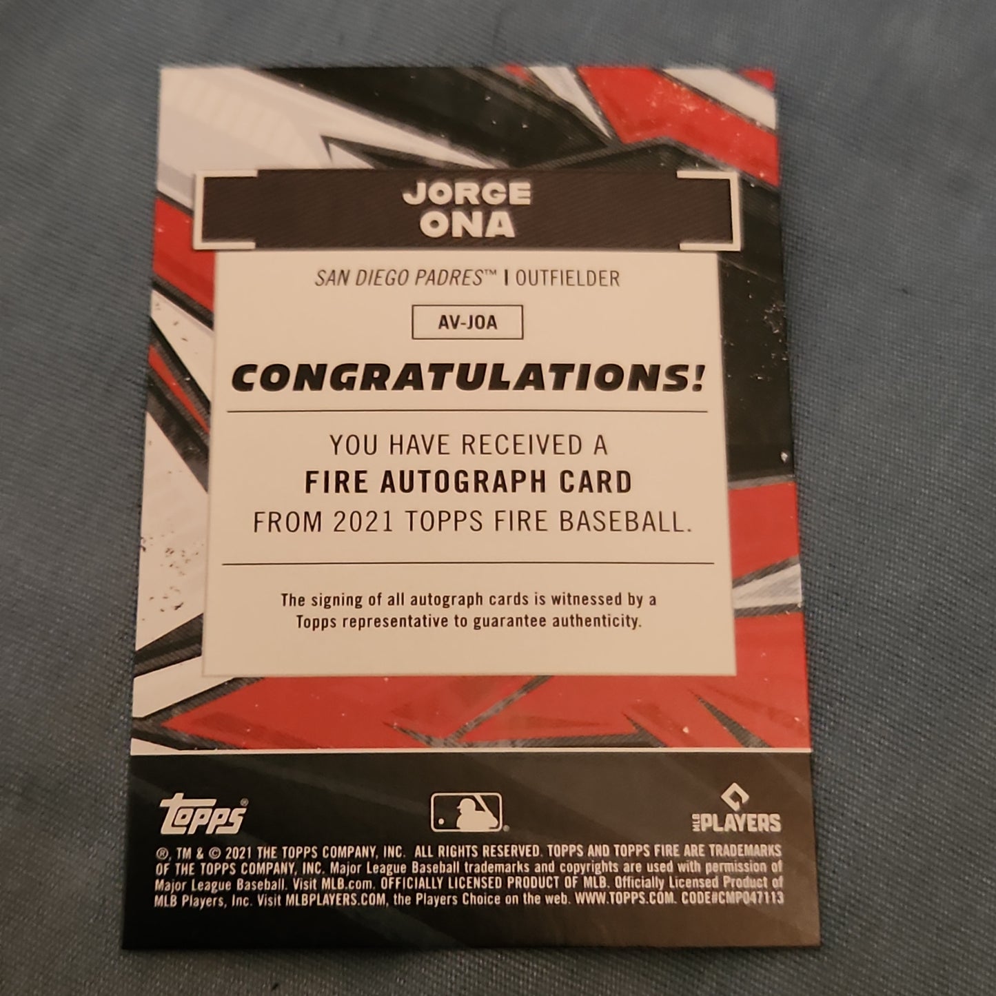 Topps Fire Jorge Ona RC Auto #AV-JOA