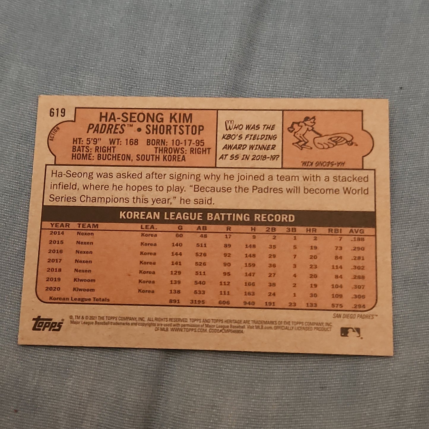 Topps Heritage Ha-Seong Kim RC #619