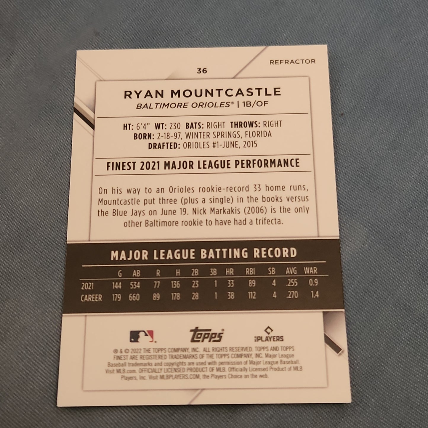 Topps Finest Refractor Ryan Mountcastle #36