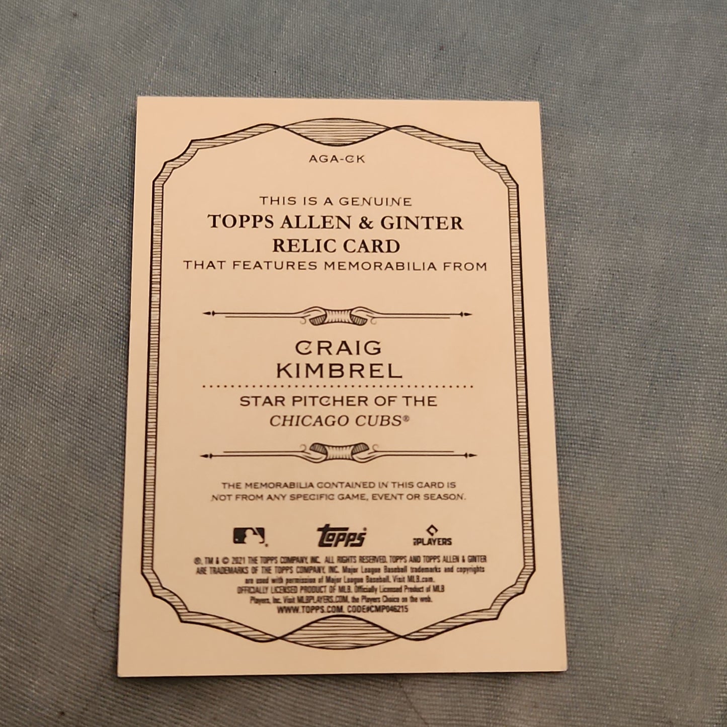 Topps Allen & Ginter Craig Kimbrel Relic #AGA-CK