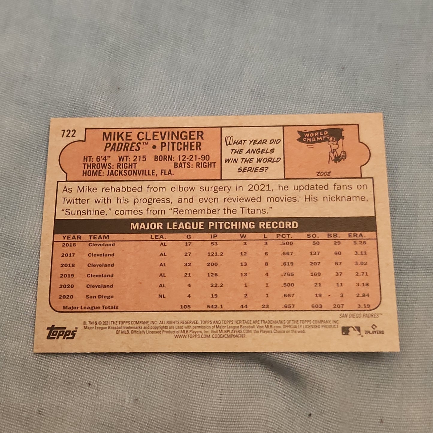 Topps Heritage Mike Clevinger #722