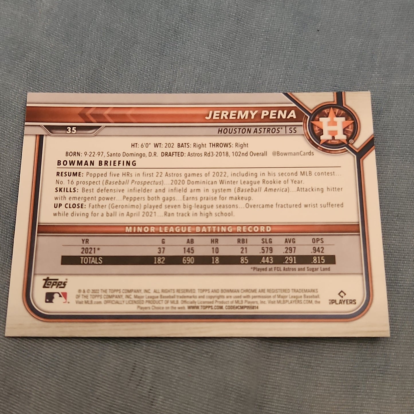 Topps B Chrome Jeremy Pena RC #35