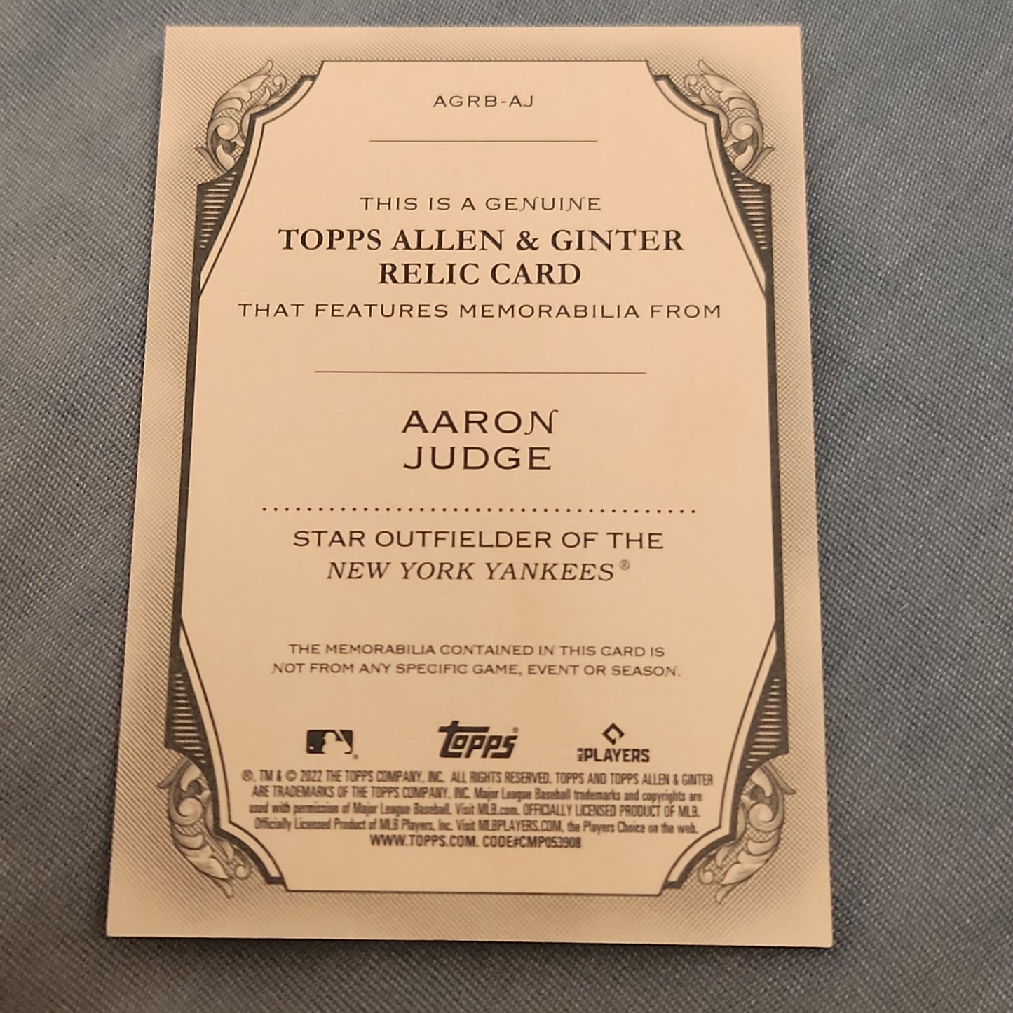 Topps Allen & Ginter Aaron Judge Relic #AGRB-AJ