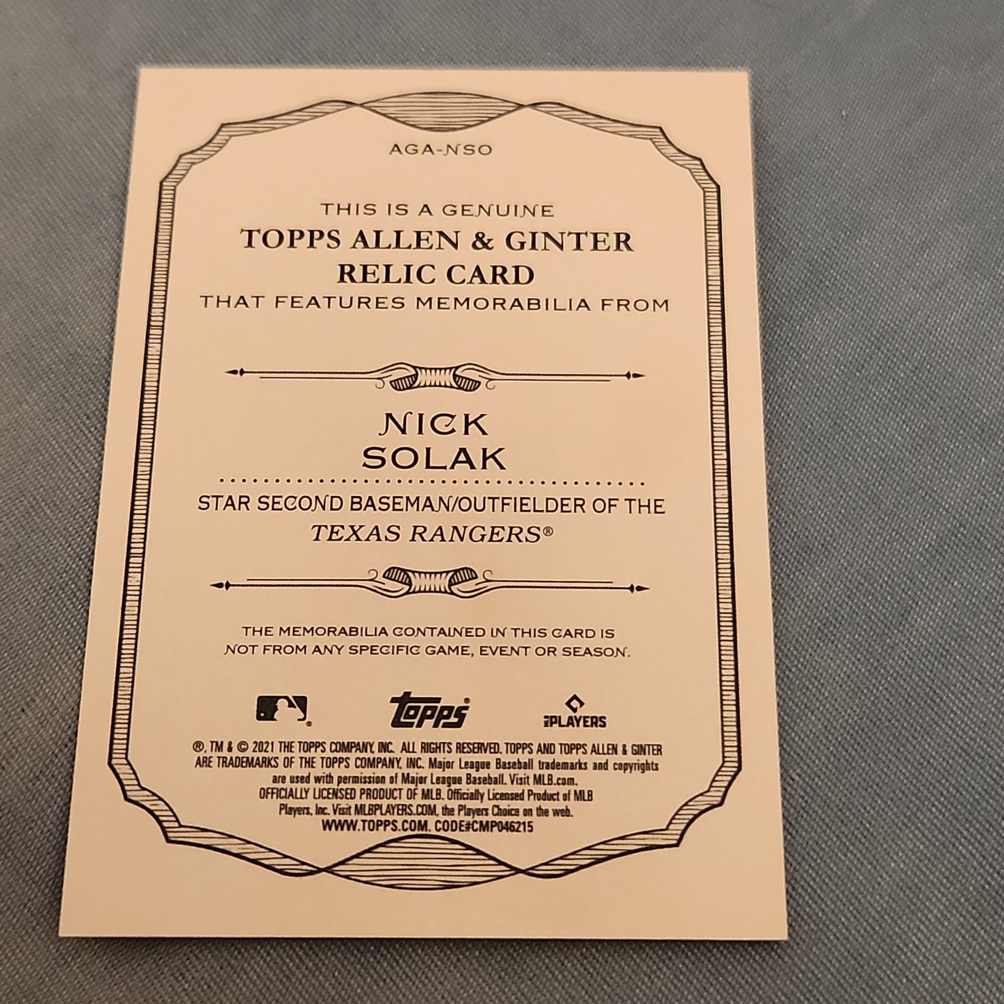 Topps Allen & Ginter Nick Solak Relic #AGA-NSO