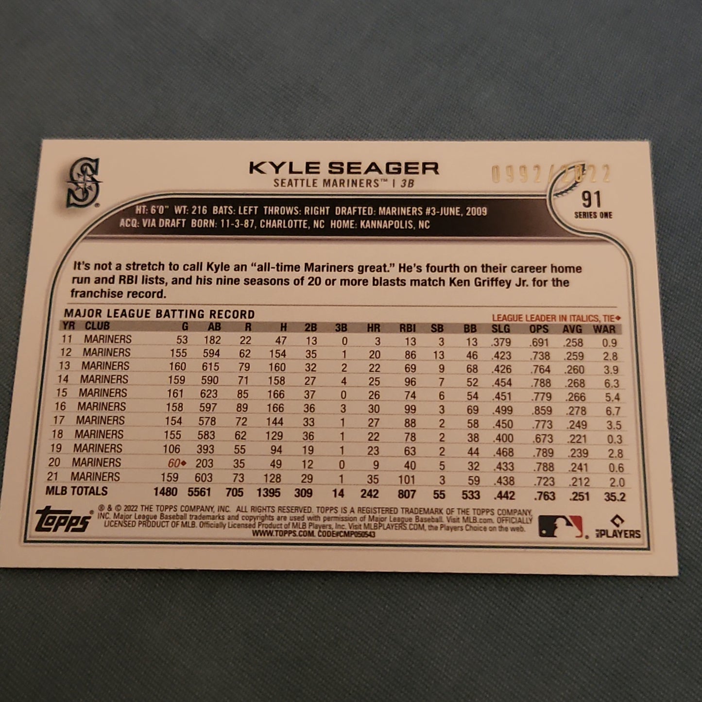 Topps Brown Series One Kyle Seager 0992/2022 #91