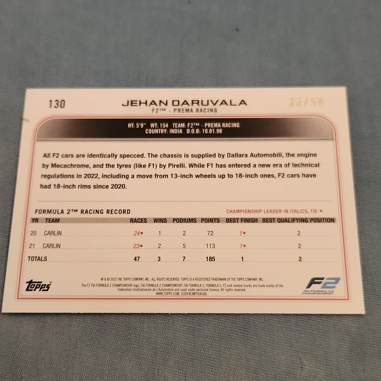 Topps Orange Jehan Daruvala 33/50 #130