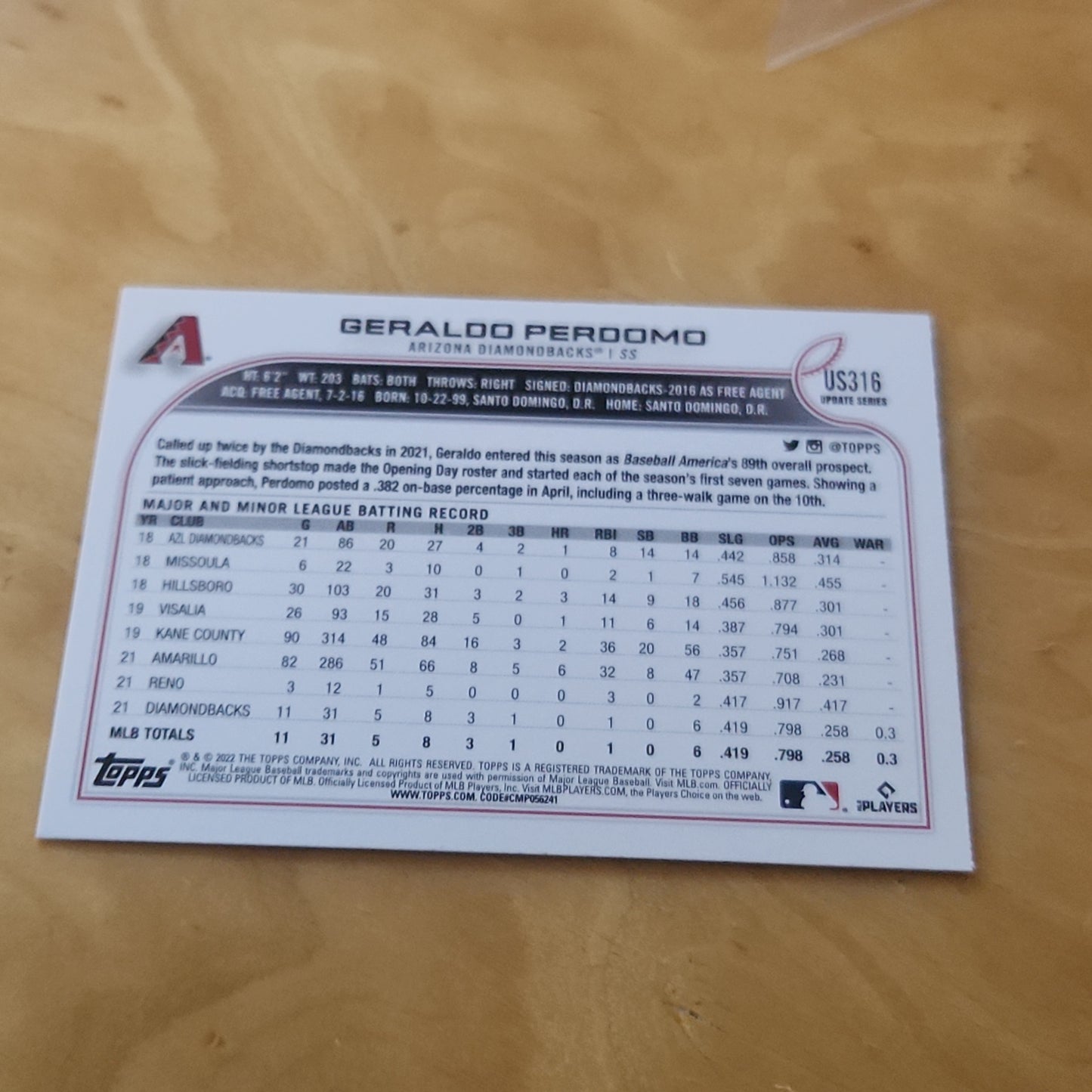 Topps Holo Updated Series Geraldo Perdomo #US316