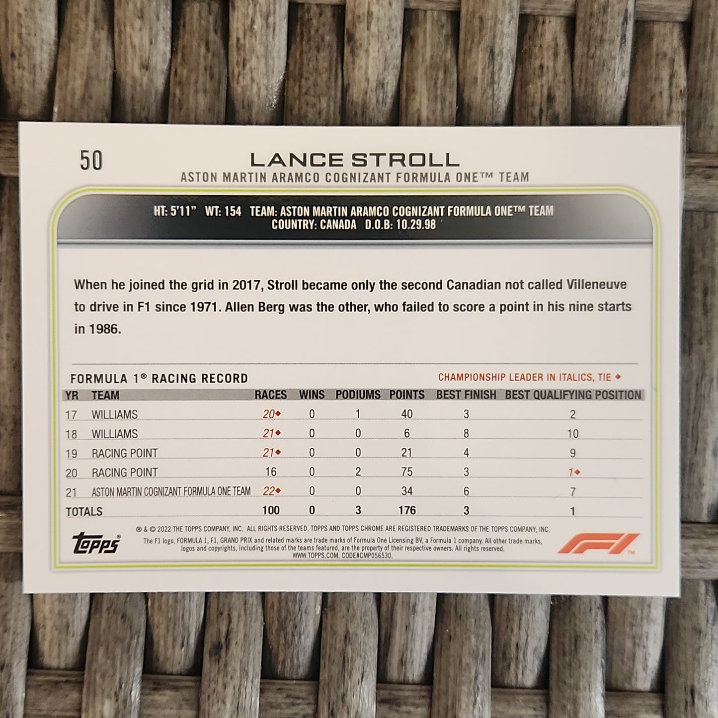 2022 Topps Chrome F1 Spahire Lance Stroll #50 Aston Martin Aramco Cognizant Formula One Team