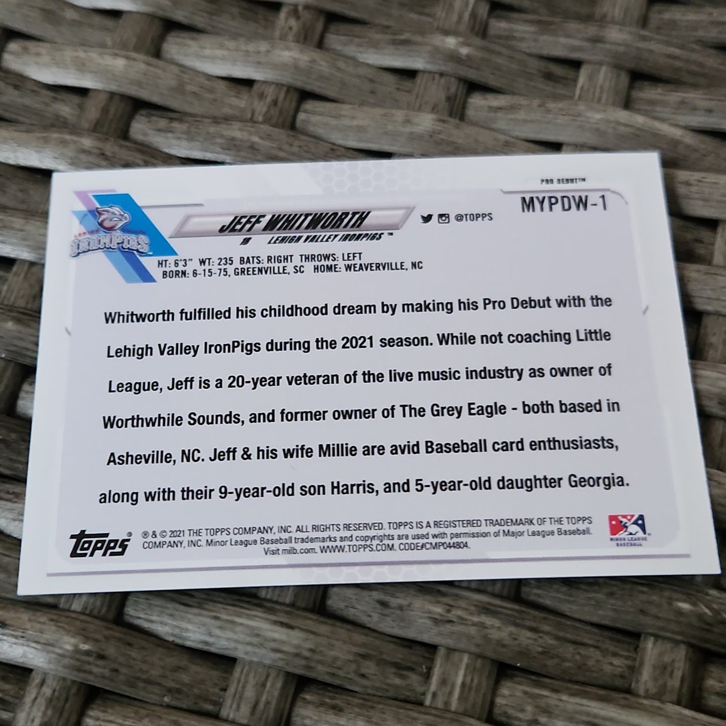 Topps Pro Debut Jeff Whitworth #MYPDW-1