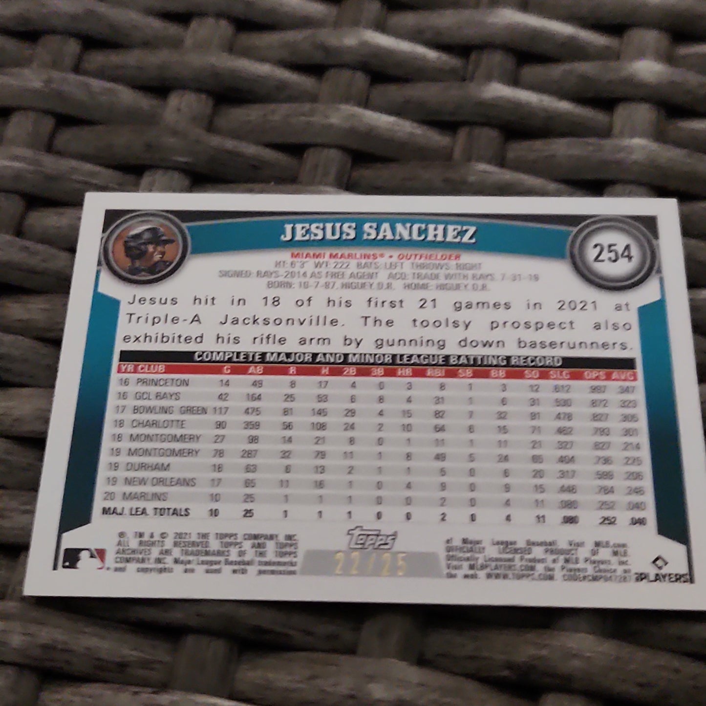 Topps Blue Holo Jesus Sanchez RC 22/25 #254