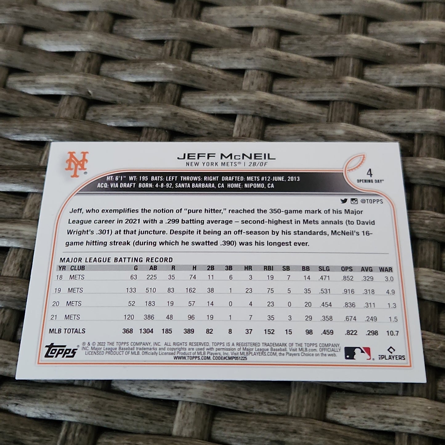 Topps Blue Openning Day Jeff McNeil #4