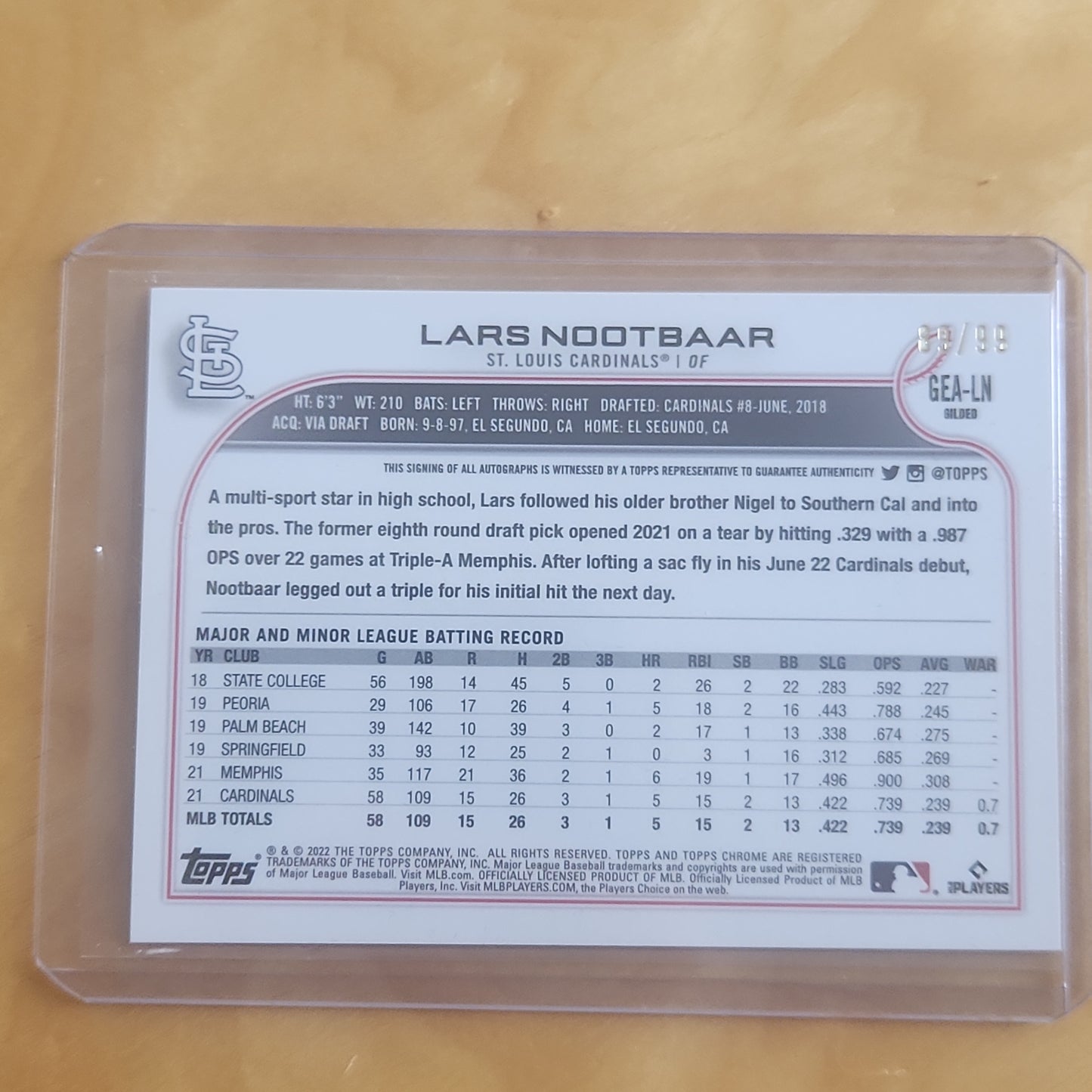 2022 Topps Chrome MLB Lars Nootbaar AUTO Gold Etch 89/99 #GEA-LN St. Louis Cardinals