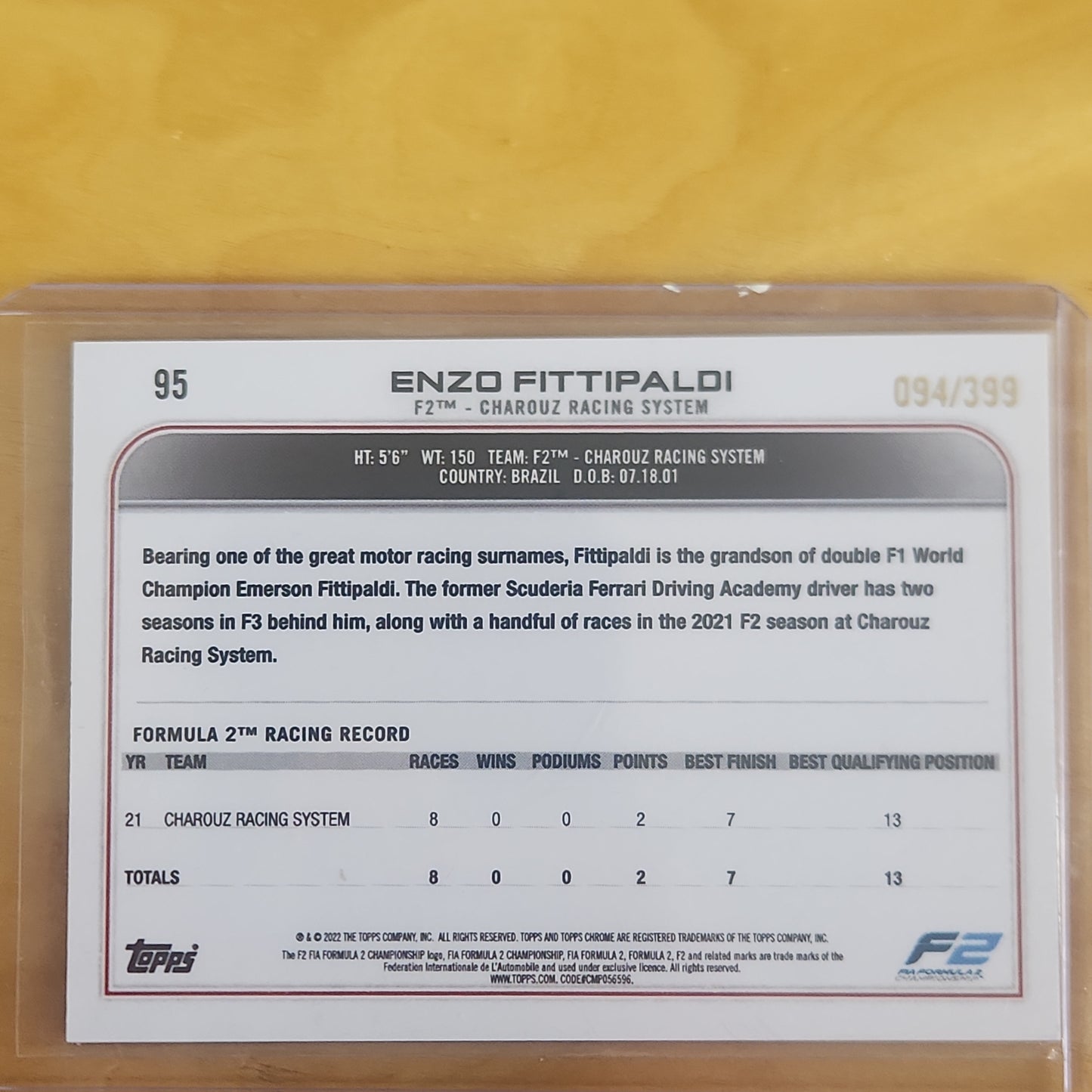 2022 Topps Chrome F1Enzo Fittipaldi Future Stars F F2 Purple 094/399 #95 Charouz Racing System