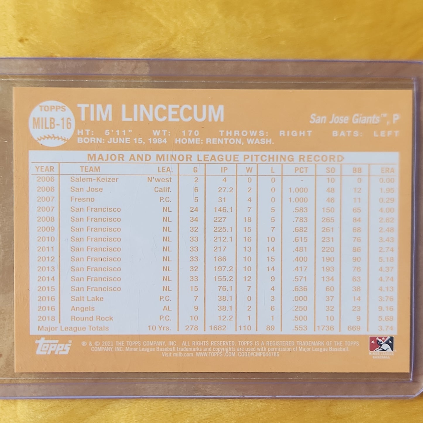 2020 Topps MLB Tim Lincecum #MLB-16 San Jose Giants