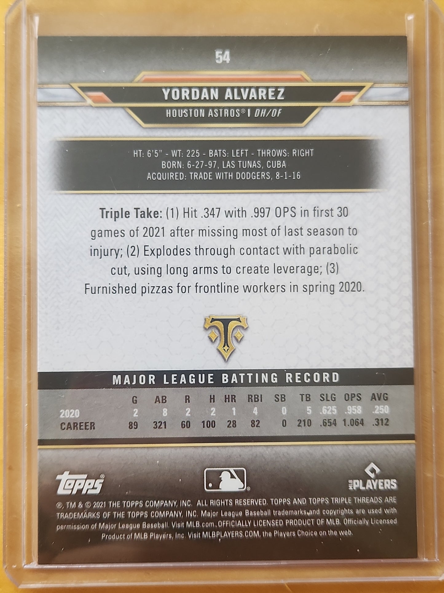 2021 Topps Triple Threads Yordan Alvarez #54 Houston Astros