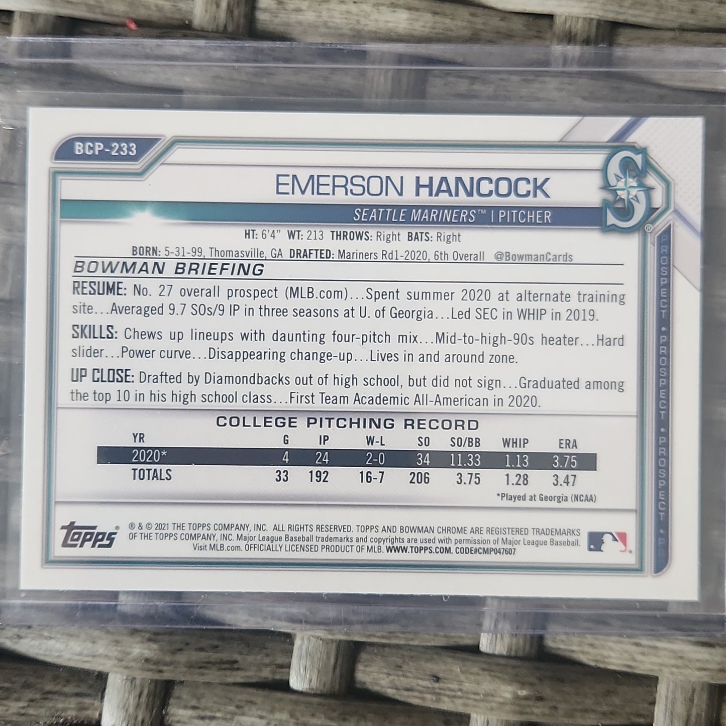 2021 Topps Bowman Emerson Hancock Shimmer Refractor #BCP-233 Seattle Mariners