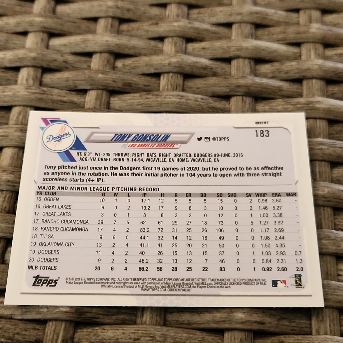 Topps Chrome Negative Refractor Tony Gonsolin #183