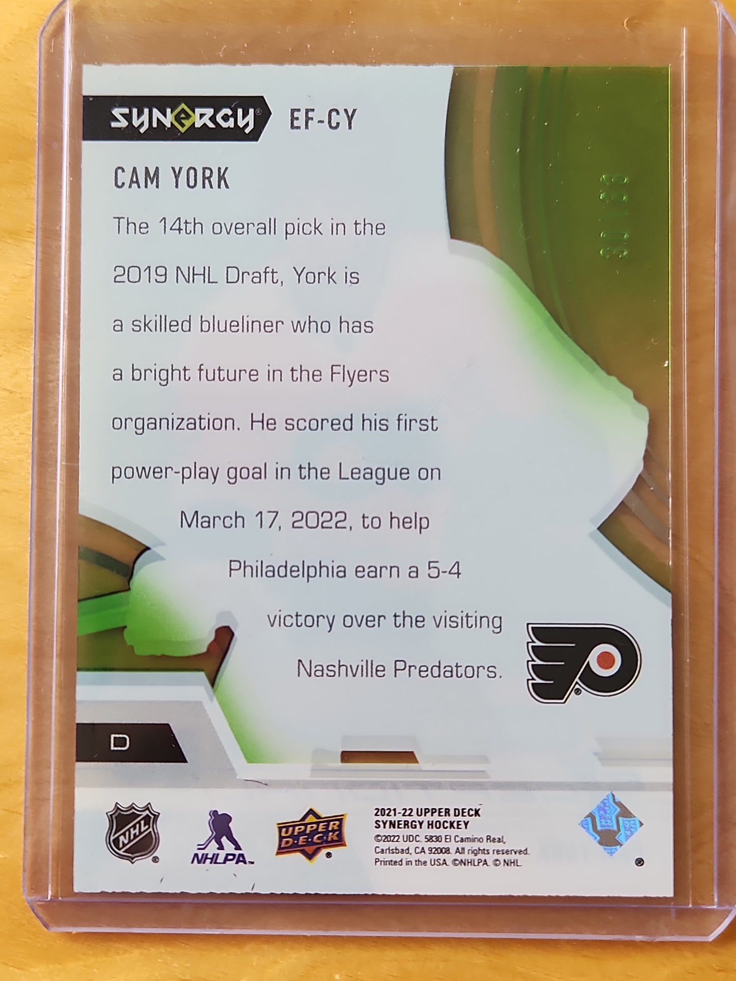 2021-22 Upper Deck Synergy Cam York  Eceptional Futures Green Parallel 30/99 #EF-CY Philadelphia Flyers