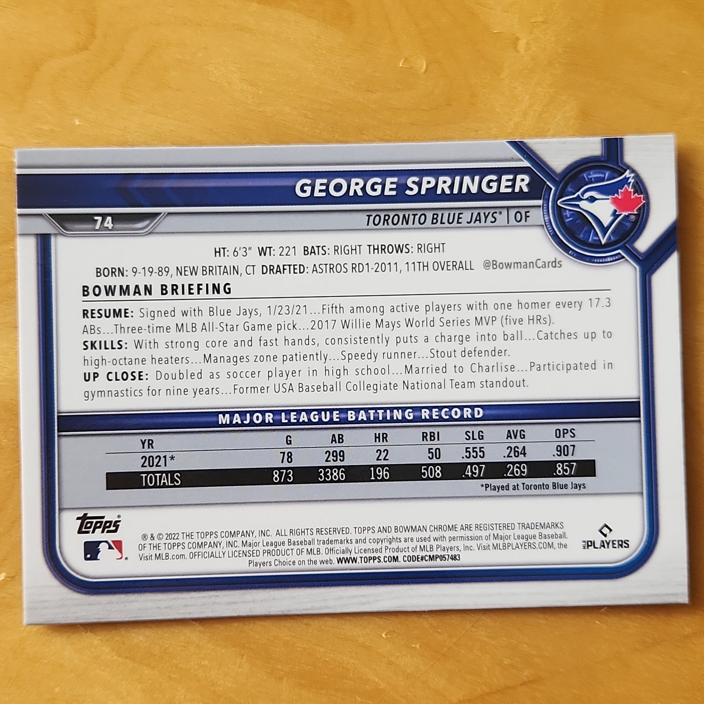 2022 Topps Bowman George Springer Veteran Spahire #74 Toronto Blue Jays