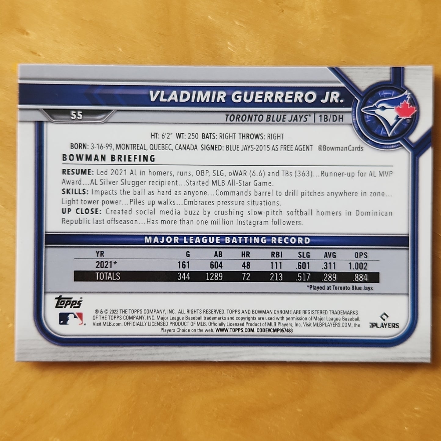 2022 Topps Bowman Vladimir Guerrero Jr. Veteran Spahire #55 Toronto Blue Jays