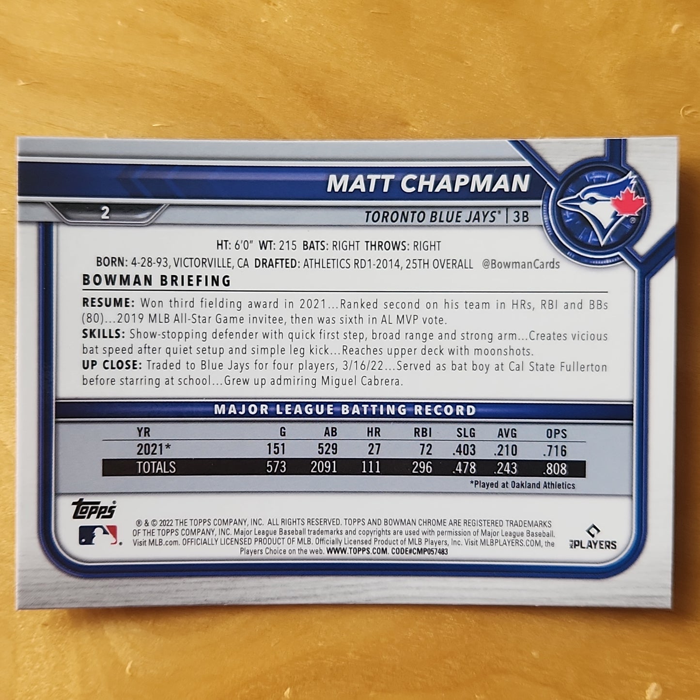 2022 Topps Bowman Matt Chapman Veteran Spahire #38 Toronto Blue Jays