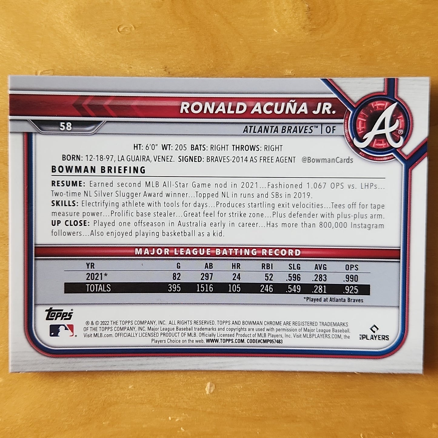 2022 Topps Bowman Ronald Acuña Jr. Veteran Spahire #58 Atlanta Brave