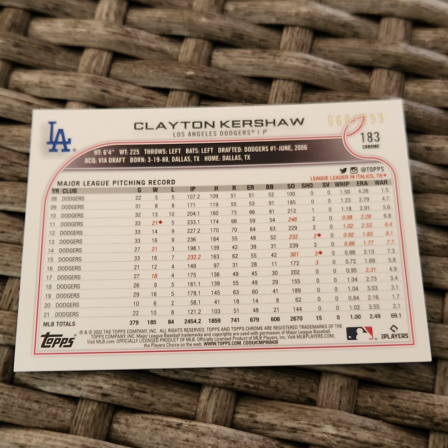 Topps Chrome Sonic Parallel Clayton Kershaw 060/199 #183
