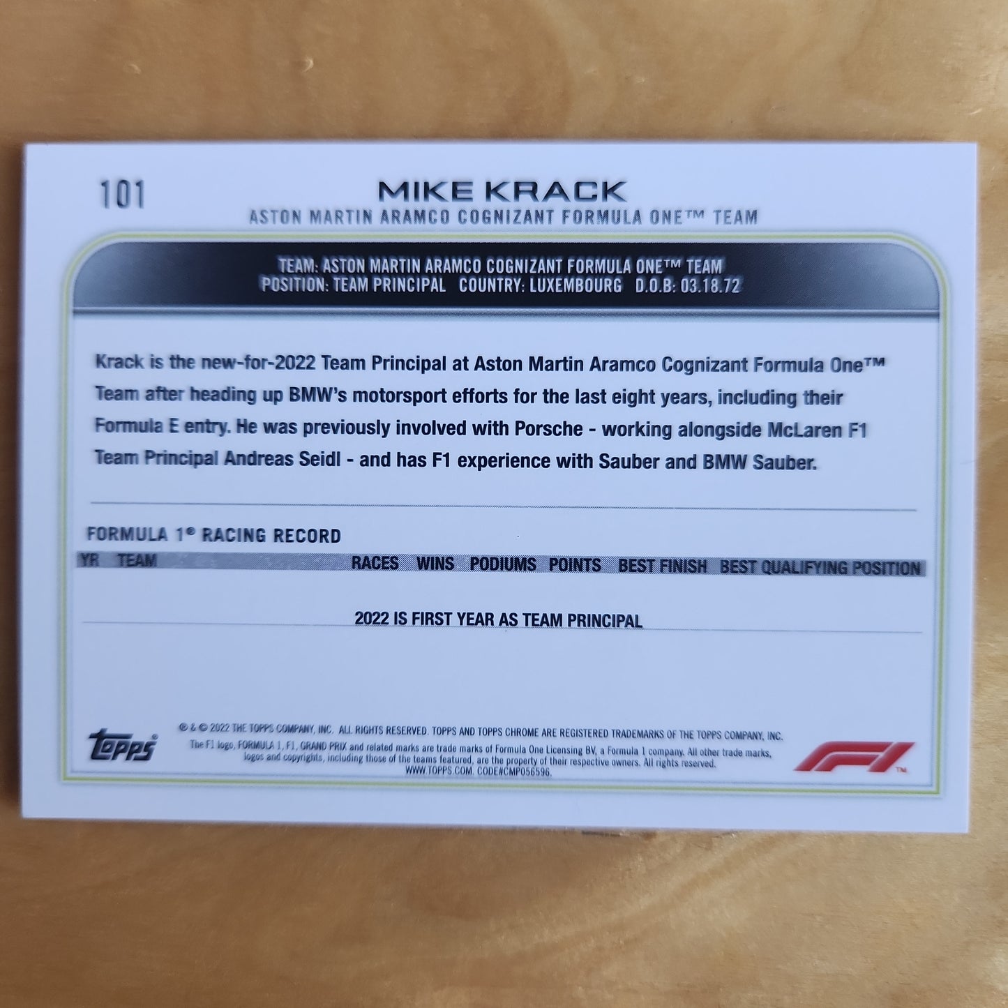 2022 Topps Chrome F1 Mike Krack Refractor #101 Aston Martin Aramco Cognizant Formula One Team