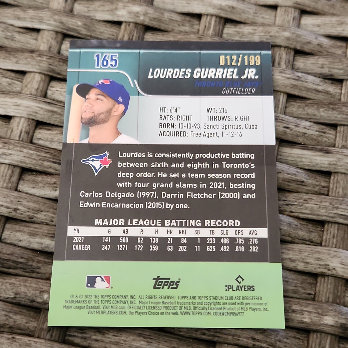 Topps Stadium Chrome Blue Lourdes Gurriel Jr. 012/199 #165