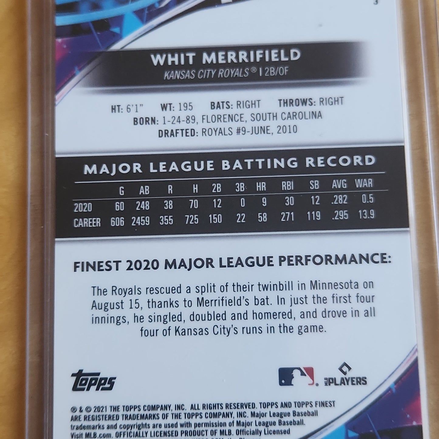 2021 Topps Finest  Whit Merrifield Blue Refractor 071/250 #3 Kansas City Royals