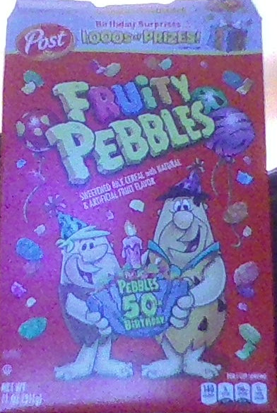 Pebbles 50th Birthday Fruity Pebbles cereal box.